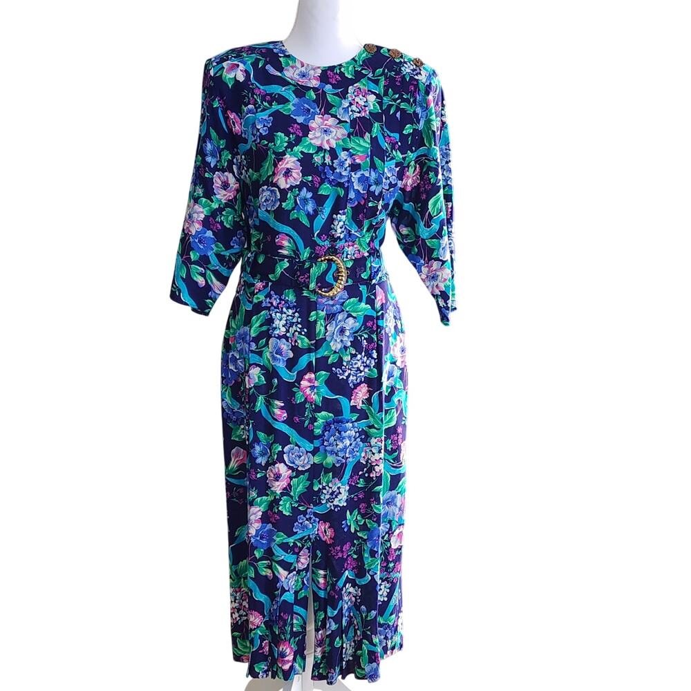 Positive Influence 80s Floral Belted Midi Dress Sz 9/10